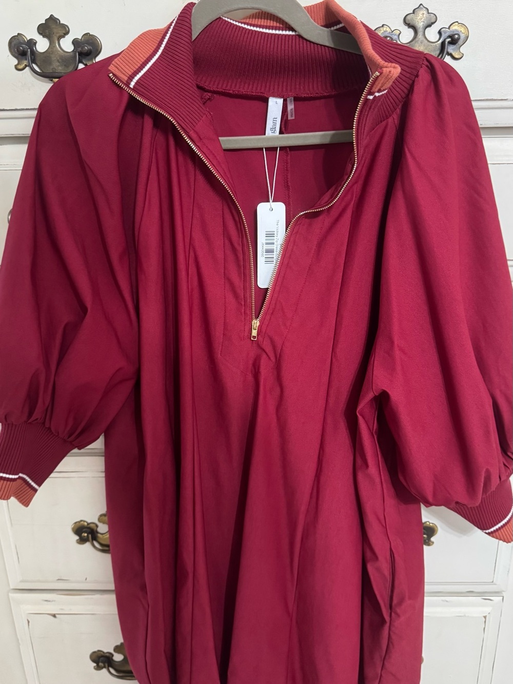 Women’s Red Puff-Sleeve Half Zip Boutique Dress